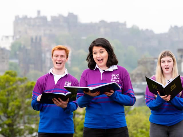 Jamie Lewis, Lucy McVicar and Kristen Forbes sang with the National Youth Choir of Scotland this morning on Calton Hill as restrictions ease across Scotland. (Picture credit:  Ian Georgeson)