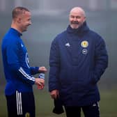Scotland manager Steve Clarke with Leigh Griffiths during Scotland training at Oriam (Photo by Craig Williamson / SNS Group)