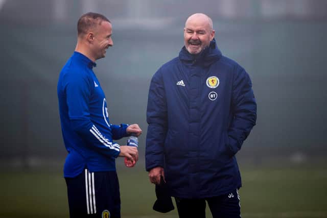 Scotland manager Steve Clarke with Leigh Griffiths during Scotland training at Oriam (Photo by Craig Williamson / SNS Group)