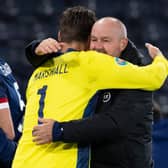 Goalkeeper David Marshall (L) is congratulated by his manager Steve Clarke following Scotland's vctory during the Euro 2020 Play off match against Israel at Hampden. (Photo by Alan Harvey / SNS Group)