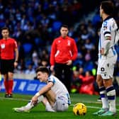 Scotland defender Kieran Tierney has been ruled out until the end of February after suffering a hamstring tear playing for Real Socieded. (Photo by ANDER GILLENEA/AFP via Getty Images)