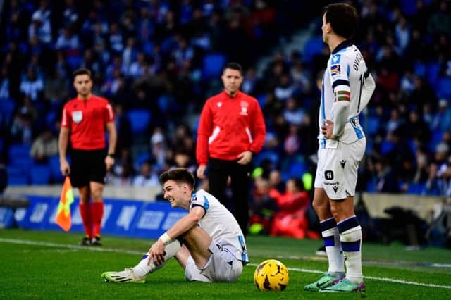 Scotland defender Kieran Tierney has been ruled out until the end of February after suffering a hamstring tear playing for Real Socieded. (Photo by ANDER GILLENEA/AFP via Getty Images)