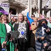 Susan Smith and Marion Calder, right, co-directors of For Women Scotland with campaigners celebrate outside the Supreme Court in London after terms "woman" and "sex" in the Equality Act were ruled to refer to a biological woman and biological sex. Picture: Lucy North/PA Wire