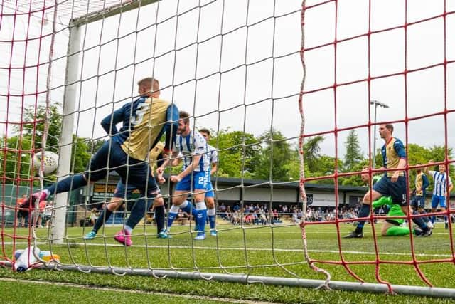 Jason Naismith forces home a close range header to make it 2-0 for Kilmarnock in their Premier Sports Cup match at East Kilbride on Saturday. (Photo by Mark Scates / SNS Group)