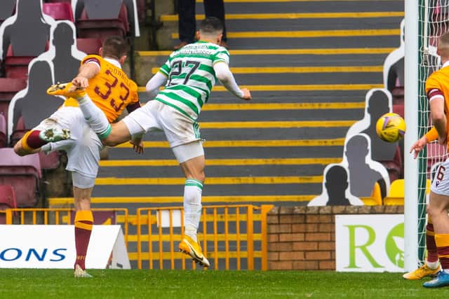 Mohamed Elyounoussi's stunning header delivers the clinching third goal for Celtic in their 4-1 victory at Motherwell (Photo by Craig Foy / SNS Group)