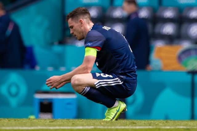 Scotland captain Andy Robertson in despondent mood at full-time after the 2-0 defeat against Czech Republic at Hampden. (Photo by Craig Williamson / SNS Group)