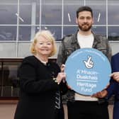 Hearts chairwoman Anne Budge, goalkeeper Craig Gordon and the National Lottery Heritage Fund's Andrew Milne announce the launch of the Maroon Mile project. (Photo by Mark Scates / SNS Group)