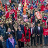 Firefighters from the Fire Brigades' Union and Scottish Labour MSPs protesting outside the Scottish Parliament. Image: Jane Barlow/Press Association.