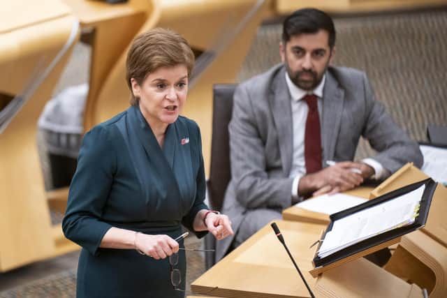 First Minster Nicola Sturgeon during First Minster's Questions in the debating chamber of the Scottish Parliament in Edinburgh. Picture date: Thursday October 28, 2021.
