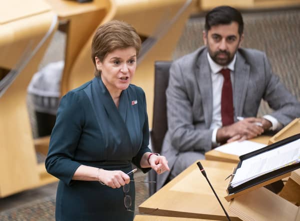 First Minster Nicola Sturgeon during First Minster's Questions in the debating chamber of the Scottish Parliament in Edinburgh. Picture date: Thursday October 28, 2021.