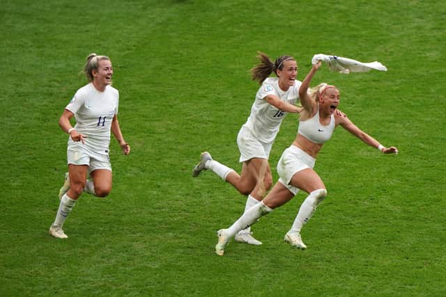 England's Chloe Kelly celebrates scoring their side's second goal of the game during the UEFA Women's Euro 2022 final at Wembley Stadium. Picture: Joe Giddens/PA Wire