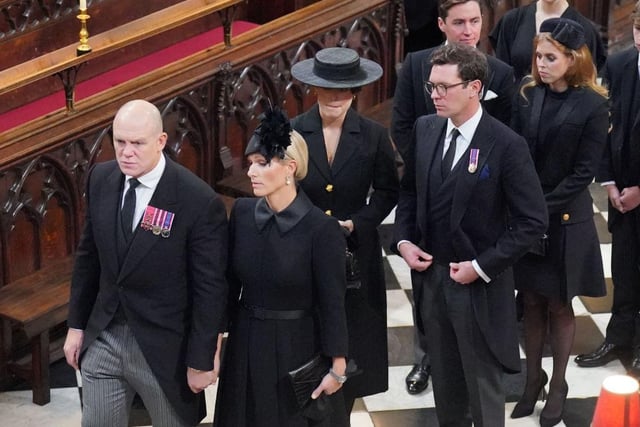 Mike Tindall and Zara Tindall, Princess Eugenie and Jack Brooksbank, Princess Beatrice and Edoardo Mapelli Mozzi, Lady Louise Windsor and James, Viscount Severn attend the State Funeral of Queen Elizabeth II, held at Westminster Abbey.
