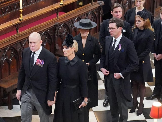 Mike Tindall and Zara Tindall, Princess Eugenie and Jack Brooksbank, Princess Beatrice and Edoardo Mapelli Mozzi, Lady Louise Windsor and James, Viscount Severn attend the State Funeral of Queen Elizabeth II, held at Westminster Abbey.