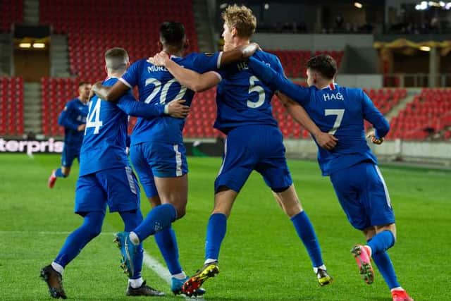 Rangers' Filip Helander (centre) celebrates making it 1-1 with his teammates during the UEFA Europa League Round of 16 1st Leg between Slavia Prague and Rangers at the Sinobo Stadium, Prague on March 11, 2021, in Prague, Czech Republic. (Photo by Lukas Kabon / SNS Group)