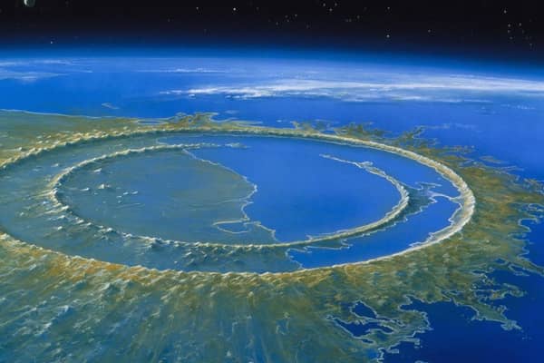Artist's reconstruction of Chicxulub crater soon after impact, 66 million years ago, on what is now Mexico's Yucatan peninsula