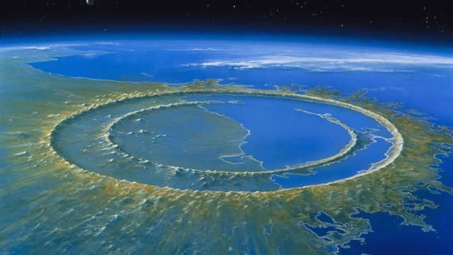 Artist's reconstruction of Chicxulub crater soon after impact, 66 million years ago, on what is now Mexico's Yucatan peninsula