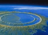 Artist's reconstruction of Chicxulub crater soon after impact, 66 million years ago, on what is now Mexico's Yucatan peninsula