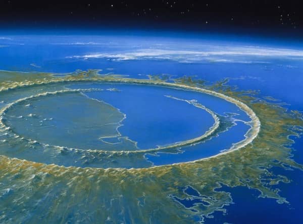Artist's reconstruction of Chicxulub crater soon after impact, 66 million years ago, on what is now Mexico's Yucatan peninsula