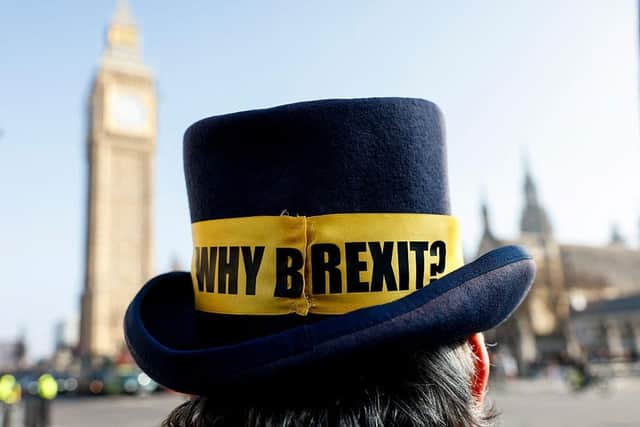 A protester's hatband asks the question 'Why Brexit?' at an anti-Brexit demonstraton in Parliament Square, London, earlier this year (Picture: Brook Mitchell/AFP via Getty Images)