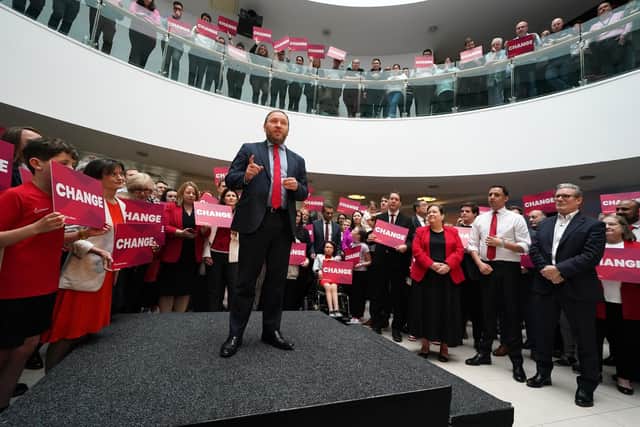 Labour leader Sir Keir Starmer (right) and Scottish Labour leader Anas Sarwar listen to shadow secretary of state for Scotland Ian Murray speaking at the launch of Scottish Labour's General Election campaign at City Facilities in Glasgow.