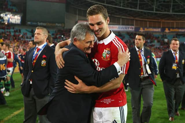 Scotland great and 2013 Lions tour manager Andy Irvine celebrates with George North after winning the third Test against Australia in Sydney which secured the series. (Photo by Cameron Spencer/Getty Images)