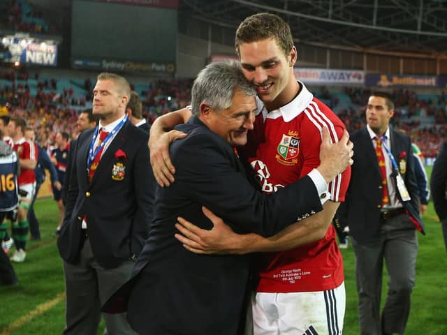 Scotland great and 2013 Lions tour manager Andy Irvine celebrates with George North after winning the third Test against Australia in Sydney which secured the series.  (Photo by Cameron Spencer/Getty Images)
