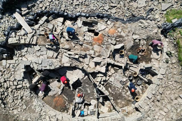 Aerial shot of the remains of the roundhouse at Swandro Bay on Rousay which archaeologists believe was demolished around the 9th Century after the arrival of Scandinavians to the island. PIC: Stephen Dockrill.