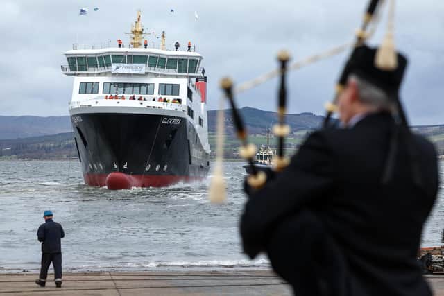 Dignitaries and members of the Ferguson’s shipyard workforce attend the launch of the MV Glen Rosa in Glasgow. Picture: Jeff J Mitchell/Getty Images