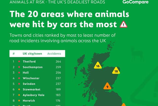 Map showing where the most roadkill accidents occurred across the UK (Photo: GOCompare).
