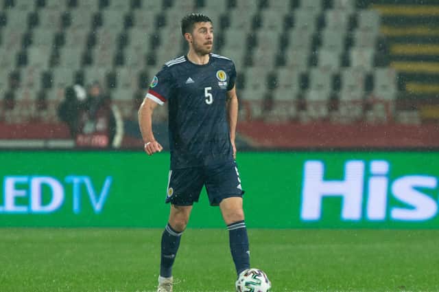 Declan Gallagher in action v Serbia in November when Scotland sealed their Euro 2020 place  (Photo by Nikola Krstic / SNS Group)