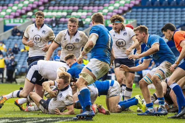 Scott Steele scores Scotland's sixth try during the win over Italy. Picture: Ross Parker/SNS