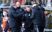 Celtic manager Ange Postecoglou (left) celebrates with his coaches John Kennedy and Gavin Strachan, and goalkeeping specialist Stevie Woods, who he was happy to inherit as he arrived alone in Scotland, despite supporter opposition to his retaining Kennedy and  Strachan. (Photo by Craig Williamson / SNS Group)