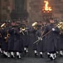 Pipers and musicians from The Royal Scots Dragoon Guards play during the Beating Retreat ceremony on the Esplanade of Edinburgh Castle to mark the transfer of the Stone of Destiny, which is moving to Perth Museum later this month. Picture: Jeff J Mitchell/Getty Images