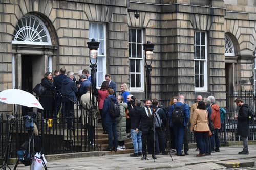 Members of the media wait to enter Bute House ahead of a statement from Scotland's First Minister Humza Yousaf. Picture: Andy Buchanan/AFP via Getty Images
