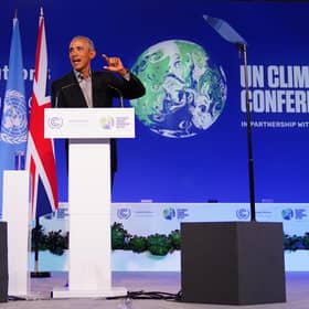 Former US president Barack Obama gives a speech during the Cop26 summit at the Scottish Event Campus (SEC) in Glasgow. Picture date: Monday November 8, 2021.