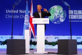 Former US president Barack Obama gives a speech during the Cop26 summit at the Scottish Event Campus (SEC) in Glasgow. Picture date: Monday November 8, 2021.