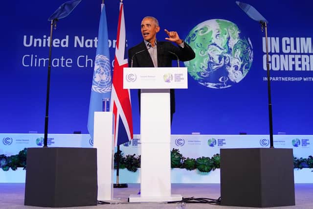 Former US president Barack Obama gives a speech during the Cop26 summit at the Scottish Event Campus (SEC) in Glasgow. Picture date: Monday November 8, 2021.