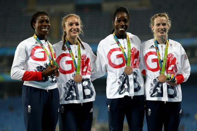 Eilidh Doyle with GB team-mates Christine Ohuruogu, Emily Diamond and Anyika Onuora after winning relay bronze at the Rio 2016 Olympic Games. Picture: Patrick Smith/Getty Images