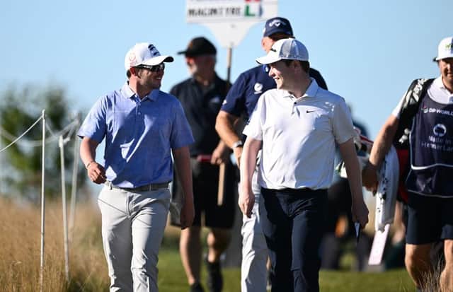 Ewen Ferguson and Bob MacIntyre share a laugh en route to both making strong starts in the Made in HimmerLand at Himmerland Golf & Spa Resort. Picture: Stuart Franklin/Getty Images.