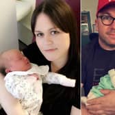 Stacy and Craig Brown, each with baby Blake