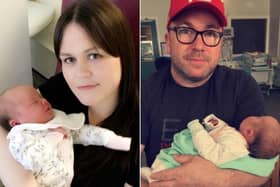 Stacy and Craig Brown, each with baby Blake