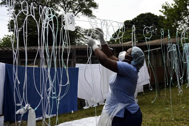Decontaminated oxygen tubes and face masks are hung up to dry  at Queen Elizabeth Central Hospital in Blantyre (Picture: Thoko Chikondi/AP)