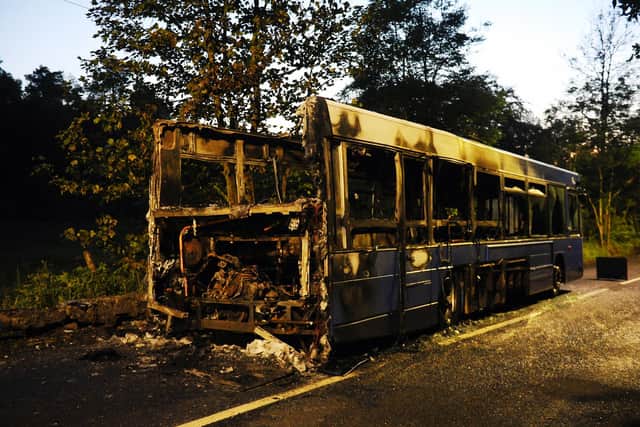 This bus was destroyed by a fire caused by a fuel fault in Slammanan in June 2019. Picture Michael Gillen