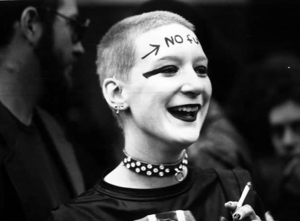 A woman with the words 'no future' written on her forehead waits outside the Rainbow Theatre, London, before a gig by The Jam and The Clash in 1977 (Picture: Chris Moorhouse/Getty Images)