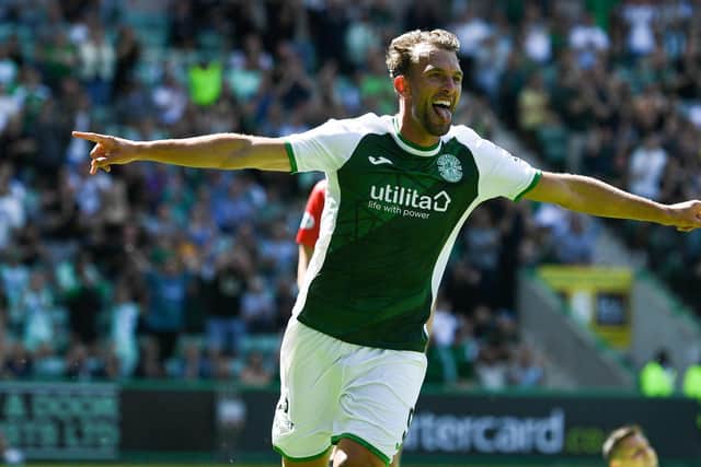 Christian Doidge celebrates his second goal of the afternoon for Hibs in the 5-0 win over Clyde.
