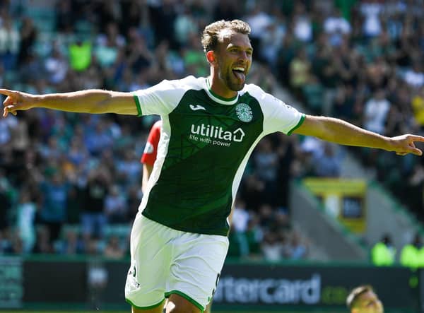 Christian Doidge celebrates his second goal of the afternoon for Hibs in the 5-0 win over Clyde.