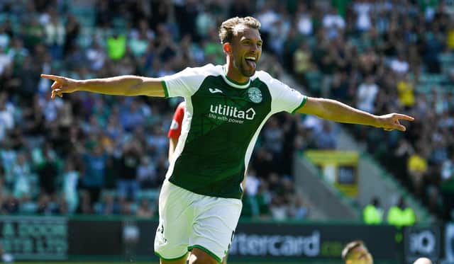 Christian Doidge celebrates his second goal of the afternoon for Hibs in the 5-0 win over Clyde.