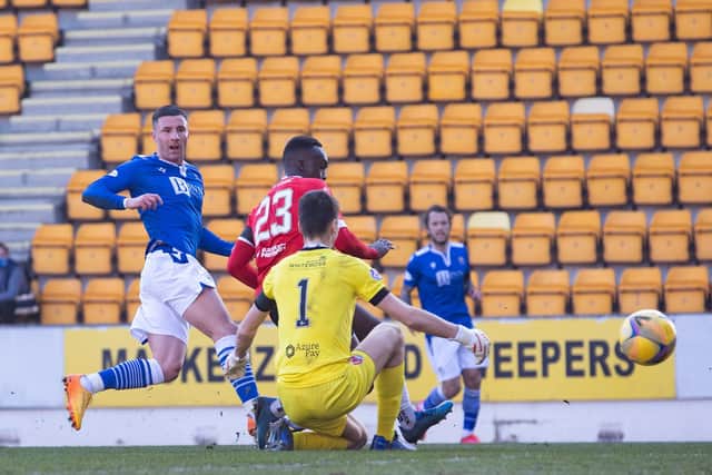 Michael O'Halloran fires the ball past Matej Vajs to put St Johnstone 2-0 up against Clyde.