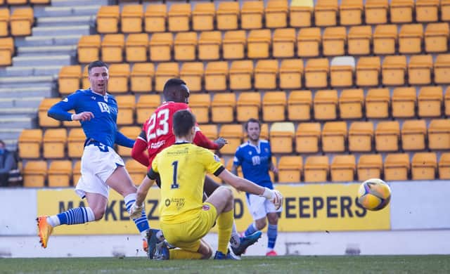 Michael O'Halloran fires the ball past Matej Vajs to put St Johnstone 2-0 up against Clyde.