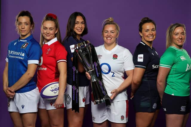 Elisa Giordano, Italy captain, Hannah Jones, Wales captain, Manae Feleu, France captain, Marlie Packer, England captain, Rachel Malcolm, Scotland captain and Edel McMahon, the Ireland captain pose with the Six Nations trophy during Guinness Women's Six Nations Launch 2024 at held Frameless on March 13, 2024 in London, England. (Photo by David Rogers/Getty Images)